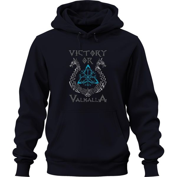Vittoria O Valhalla Vegvisir Bussola Runica Lupi Vichinghi Nodo Unisex Felpa Con Cappuccio, Navy, S-image