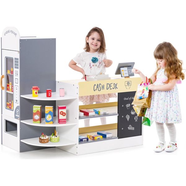 Negozio Per Bambini Costway, Set Per Supermercato Con Registratore Di Cassa, Macchina Pos, Negozio In Legno, Per Bambini Da 3 A 8 Anni (Bianco)-image
