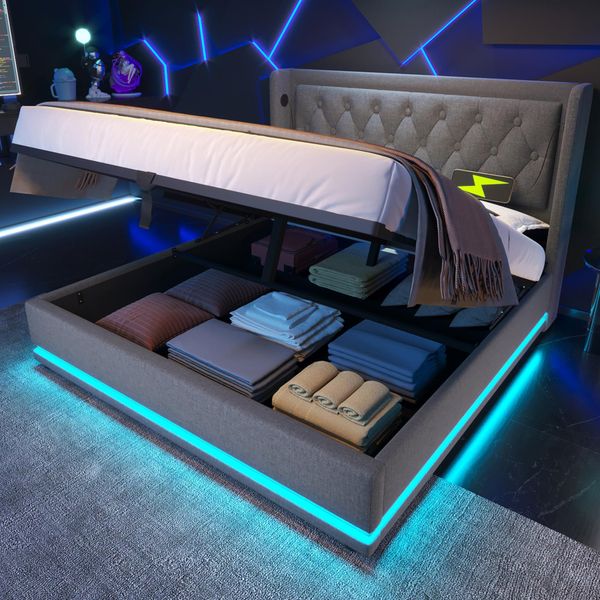 Letto Imbottito Flieks 160X200Cm Con Usb E Type-C, Letto Matrimoniale Per Ragazzi Con Led, Letto Contenitore Idraulico Con Rete A Doghe, Cotone, Grigio-image