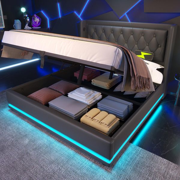 Letto Imbottito Flieks 160X200Cm Con Usb E Type-C, Letto Matrimoniale Per Ragazzi Con Led, Letto Contenitore Idraulico Con Rete A Doghe, Pu, Nero-image