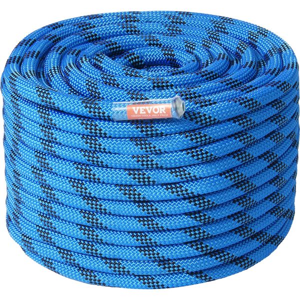 Vevor 12,7 Mm Corda Da Arrampicata Statica, 60,9 M (200 Piedi) Corda Da Arrampicata Per Esterni, 30 Kn Di Carico Di Rottura, Corda In Fibra Con Moschettone In Acciaio Per Fuga, Discesa In Corda Doppia, Soccorso Antincendio, Blu-image