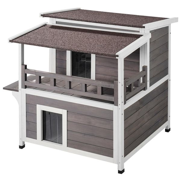 Vevor Casetta Per Gatti Da Esterno, Resistente Alle Intemperie, Rifugio Grande A 2 Piani In Legno Per Gatti Da Esterno Con Balcone, Porte, Sportelli In Pvc E Tetto Aperto, 76,2 Cm L X 76,2 Cm L X 81,3 Cm A-image