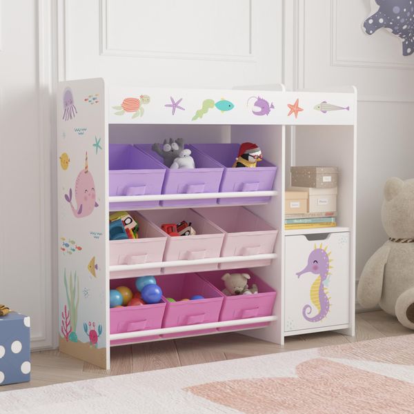 Scaffale Per Bambini "SøNdreland"" Con Un'anta Dell'armadio E 9 Scatole Pieghevoli 80 X 90 X 30 Cm Con Motivo A Oceano"-image