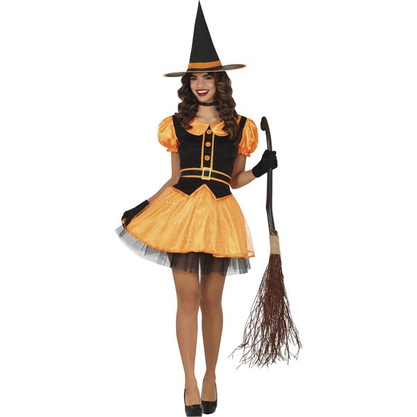 Strega Halloween Costume Cappello Magico Vestito Arancione Nero Mistico, Taglia: 36 - 38 (S) Colore: Arancione-image