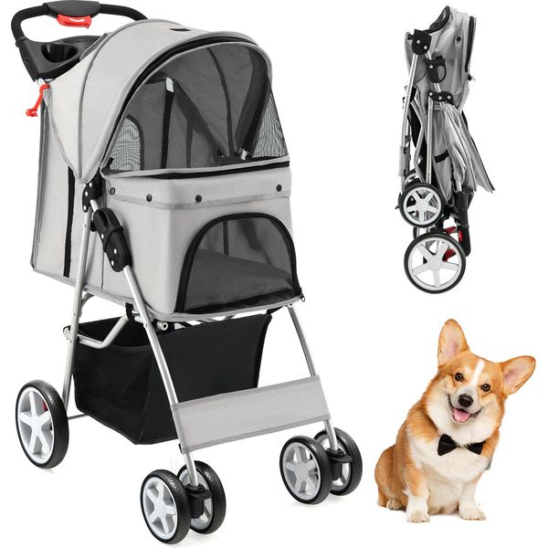 Costway Passeggino Per Cani E Animali Domestici Fino A 15 Kg, Passeggino Per Cani Con Finestre A Rete E Portabicchieri E Rimorchio, Passeggino Per Cani Piccoli E Gatti Grigio-image