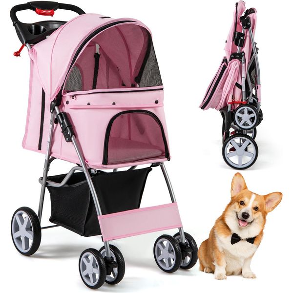 Costway Passeggino Per Cani E Animali Domestici Fino A 15 Kg, Passeggino Per Cani Con Finestre A Rete E Portabicchieri E Rimorchio, Passeggino Per Cani Piccoli E Gatti Rosa-image