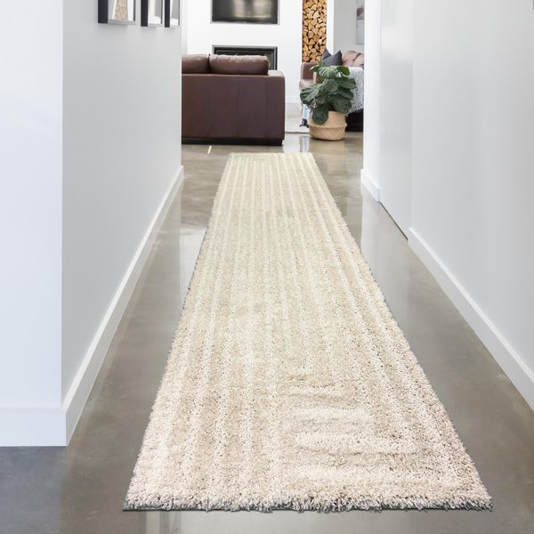 Tappeto Da Salotto Soffice Con Motivo A Linee In Color Crema Dimensioni - 80 X 300 Cm-image