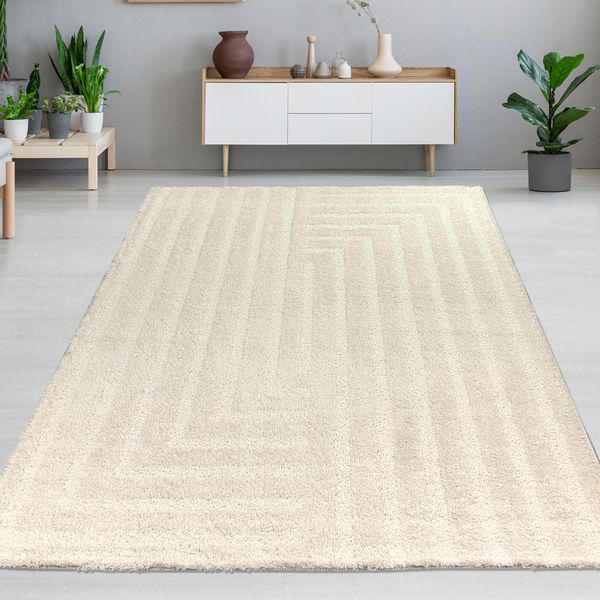 Tappeto Da Salotto Soffice Con Motivo A Linee In Color Crema Dimensioni - 200 X 290 Cm-image