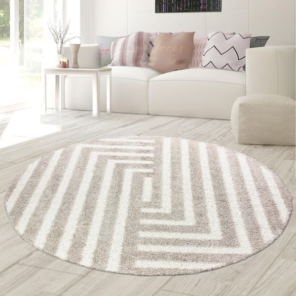 Tappeto Soffice A Pelo Alto Moderno E Accogliente In Beige Dimensioni - 200 Cm Rotondo-image