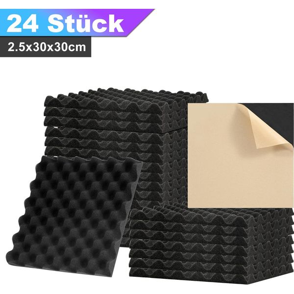 Clanmacy 24 Pezzi Di Schiuma Acustica Tappetini Di Schiuma Acustica Modello Onda 30 X 30 X 2,5 Centimetri Tappetini Di Isolamento Acustico Per Piastrelle Di Schiuma Efficace Nero-image