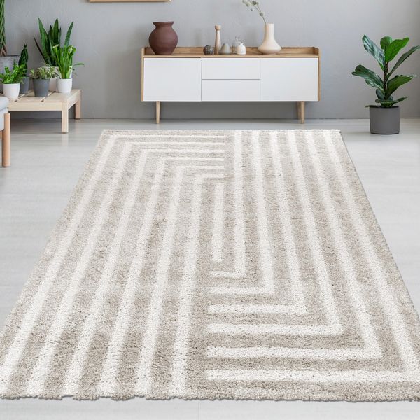 Morbido Tappeto A Pelo Alto Con Motivo A Linee Accogliente E Moderno In Beige Dimensioni - 140 X 200 Cm-image