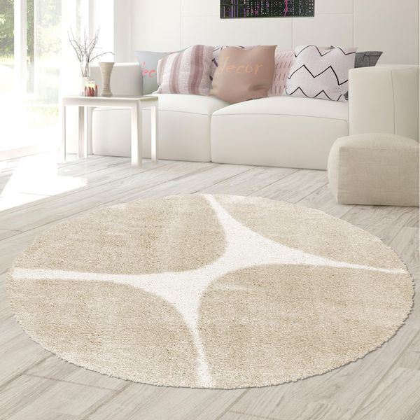 Tappeto Moderno A Pelo Alto Con Accenti Beige Morbido, Accogliente, Di Facile Manutenzione Con Motivo Organico In Crema Beige Dimensioni - 120 Cm Rotondo-image