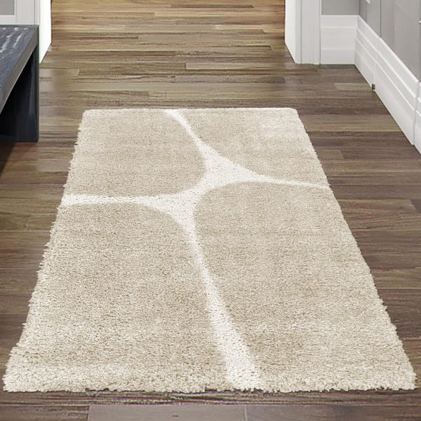 Tappeto Moderno A Pelo Alto Con Accenti Beige Morbido, Accogliente, Di Facile Manutenzione Con Motivo Organico In Crema Beige Dimensioni - 80 X 150 Cm-image