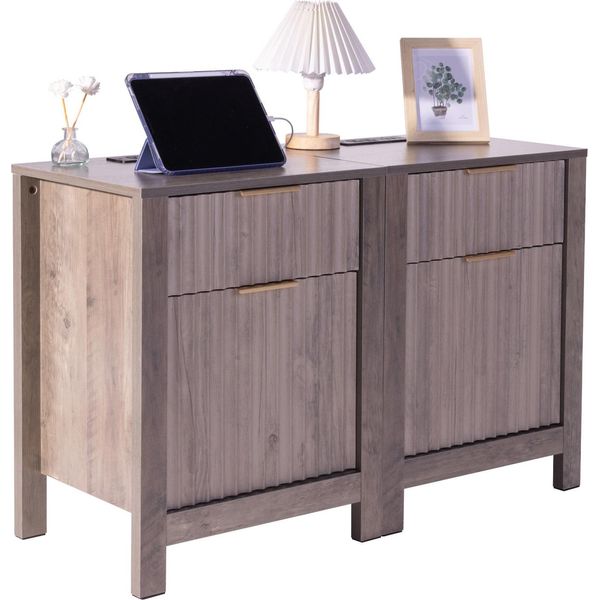 Succebuy Tavolino Da Salotto, Set Di 2, Comodino Quadrato Con Porte Usb E Prese, 3 Livelli Con Armadietto E 2 Cassetti, Per Soggiorno, Camera Da Letto, Ufficio, Grigio-image
