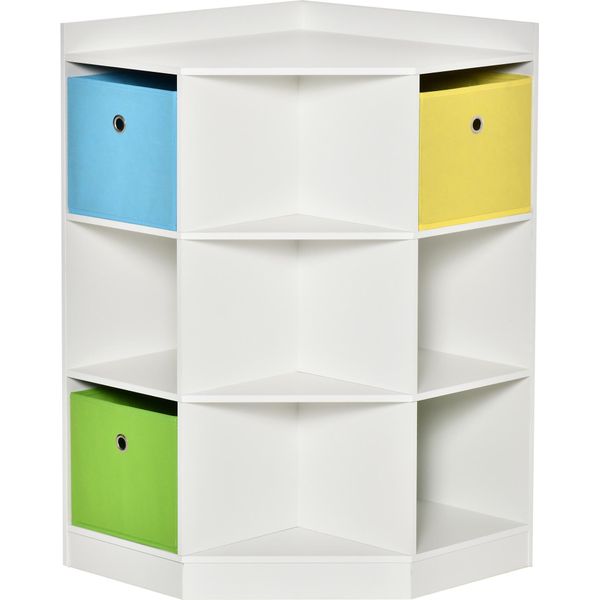 Homcom Scaffale Per Bambini Scaffale Ad Angolo Con 3 Scatole Portaoggetti Scaffale Per Cameretta Dei Bambini Per 3-12 Anni Bianco 57,4 X 57,4 X 94 Cm-image