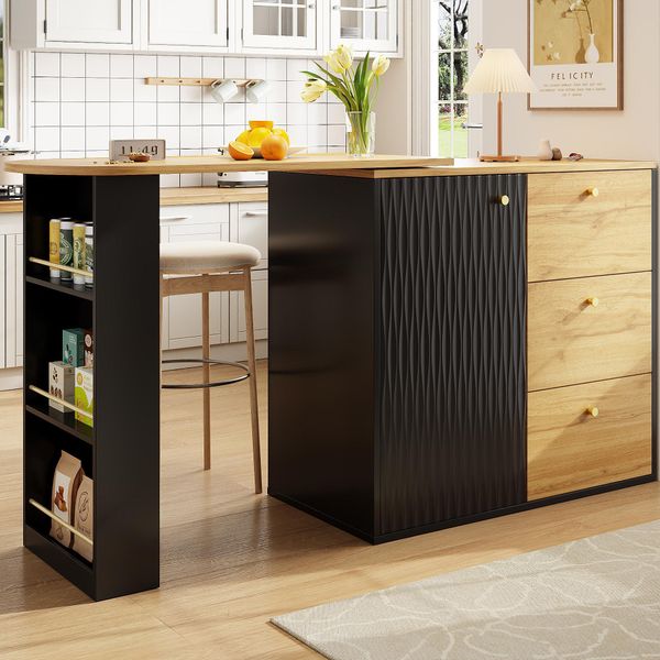 Tavolo Da Bar Flieks Girevole A 360°, Tavolo Da Bar Allungabile Con Venature Del Legno, Tavolo Da Pranzo 138-204X39X104 Cm, Tavolo Da Pranzo Con Credenza, Colore Nero + Legno-image