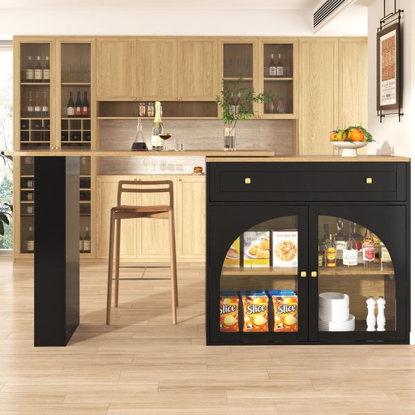 Tavolo Da Bar Allungabile Flieks Con Vano Portaoggetti, Bar Da Pranzo Girevole A 360° 138-204X39X104 Cm, Tavolo Alto Da Cucina A Isola Con Ripiani E Ante In Vetro, Nero-image