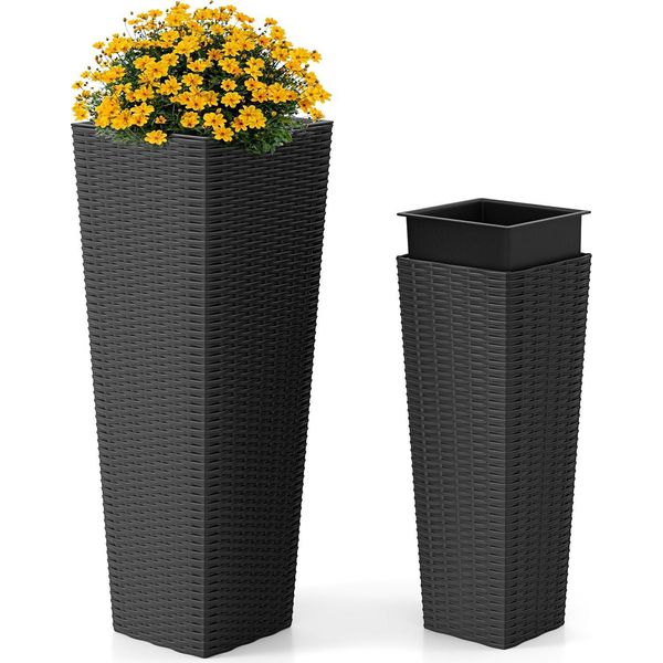 Costway 2 Fioriere Alte 82Cm/60Cm, Fioriere In Polyrattan Con Vaso Interno E Fori Di Drenaggio, Fioriere Impilabili Nere-image