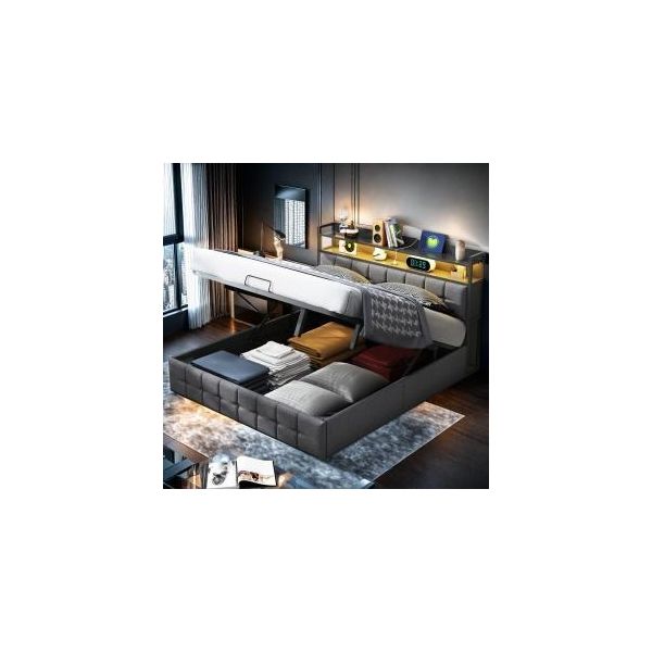 Letto Imbottito Unboxg Led 160X200 Cm, Letto Con Ampio Spazio Di Archiviazione E Rete A Doghe, Struttura Del Letto A Molle Insacchettate In Metallo, Testata Imbottita Con Ripiano E Connessione Di Ricarica Usb, Grigio-image