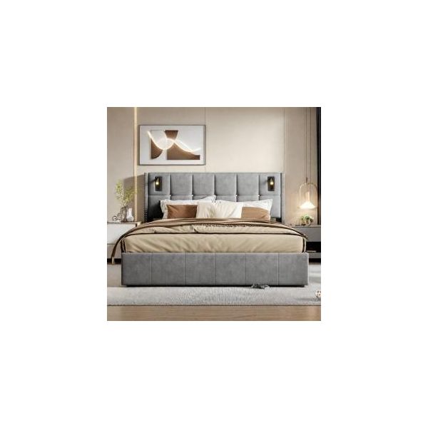 Unboxg Letto Imbottito 140X200Cm, Letto Matrimoniale, Testata Con Vano Contenitore, Illuminazione A Led Sulla Testata Del Letto, Con Vano Contenitore Idraulico, Lino, Grigio-image