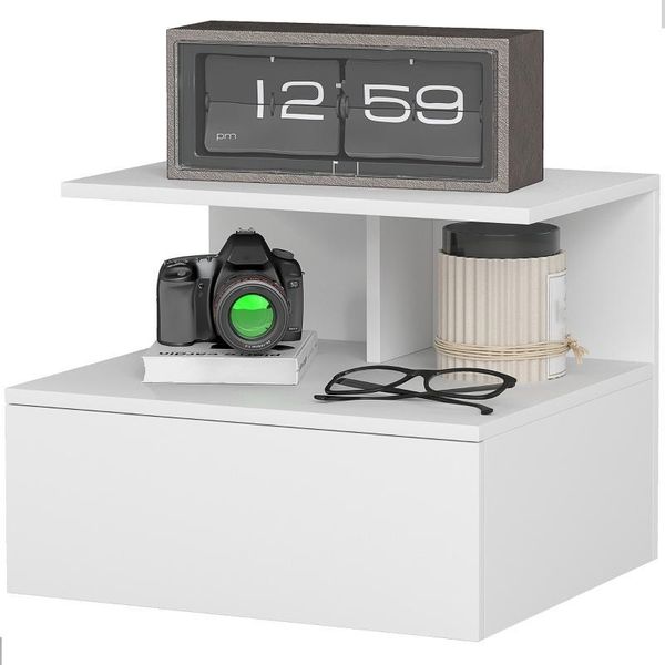 Fortuna Lai Comodino Sospeso Tavolino Con Cassetto, Ripiano Aperto, Comodino Tavolino Da Salotto Per Camera Da Letto, Soggiorno, Bianco, 39,8 X 35 X 31,6 Cm-image