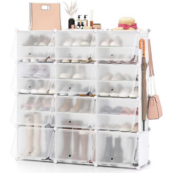 Scarpiera Costway Con 12 Scomparti E Ganci Laterali, Scarpiera In Plastica Per 48 Paia Di Scarpe E Stivali, Organizzatore Di Scarpe, Scarpiera, Bianco-image
