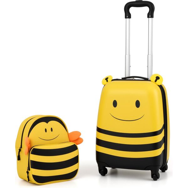 Costway 2 Pezzi Valigia Per Bambini + Zaino, Trolley Per Bambini Da 12"+16"" In Plastica, Bagaglio Per Bambini Con Corda E Maniglia Anti-Smarrimento, Valigia Da Viaggio Per Bambini, Api"-image