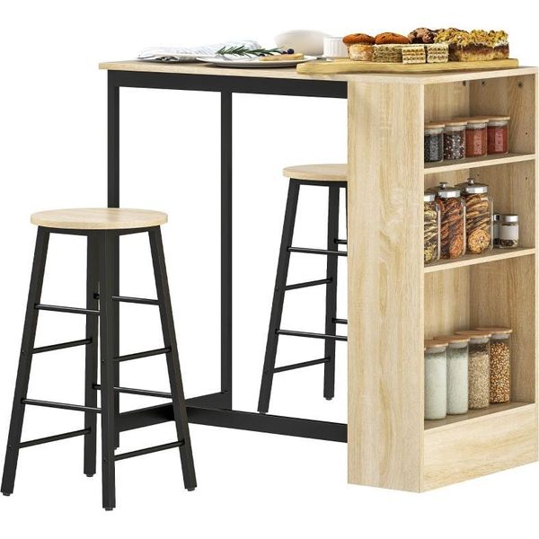 Set Tavolo Da Bar Fortuna Lai Con Sgabelli, Set Da 3 Pezzi Con Tavolo Da Cucina, Spazio Contenitivo, 2 Sgabelli, Poggiapiedi, In Stile Moderno, Salvaspazio, Per Sala Da Pranzo, Cucina, Acciaio, Rovere-image