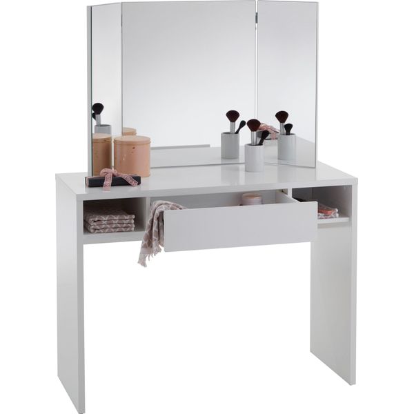 Schreibtisch Fmd "Schminki", Weiß (Weiß Edelglanz), B:100Cm H:135,7Cm T:41,5Cm, Tische, Schreibtisch, Mit Dreiteiligem Faltspiegel Und Schublade-image