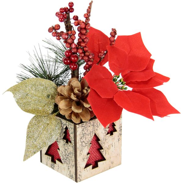 Winterliche Kunstpflanze I.Ge.A. "Gesteck Mit Poinsettia Im Topf, Weihnachtsstern, Weihnachtsdeko", Rot, H:26Cm Ø:15Cm, Kunststoff, Polyester, Kunstpflanzen, Kunstblumen-Gesteck Mit Beeren, Zapfen Und Tannenzweigen-image