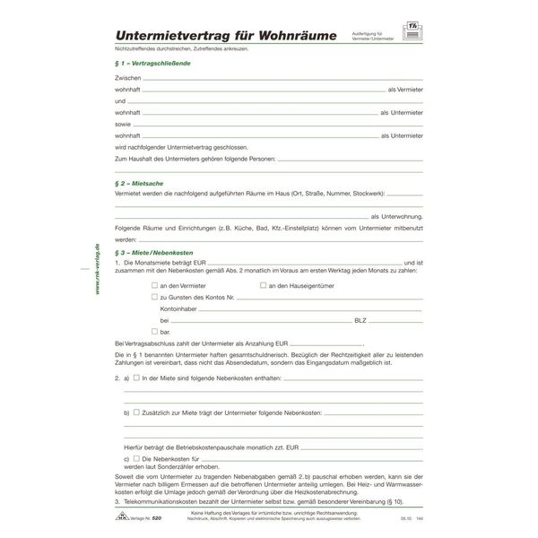 10X Rnk Verlag 520 Contratto Di Subaffitto Per Locali Residenziali, 4 Pagine, Piegato In Din A4-image
