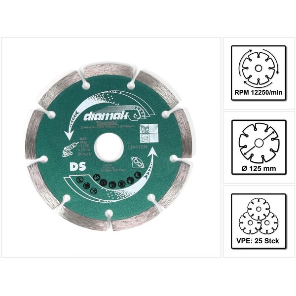 Makita Diamak 125 Mm 25 Pz. ( 25X D-61139 ) Disco Diamantato Per Pietra, Calcestruzzo Attacco 22,23 Mm-image