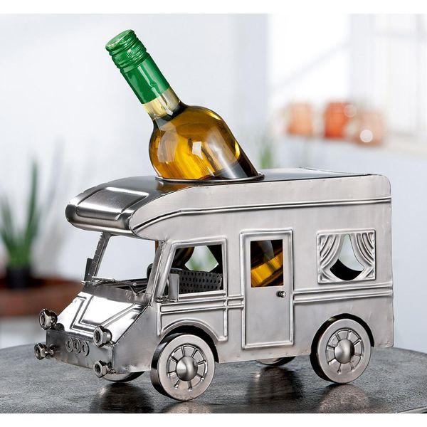 Gilde Flaschenhalter, "Wohnmobil"", Wohnwagenmotiv, Metall, Silberfarben, , L. 30,5 Cm, B. 16 Cm, H. 18,5 Cm 65516"-image