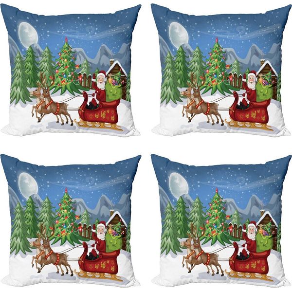 Abakuhaus Set Di Federe Natalizie (4 Pezzi), Renne Sulla Neve, Stampa Digitale Moderna Su Entrambi I Lati, 40 Cm X 40 Cm, Multicolore-image