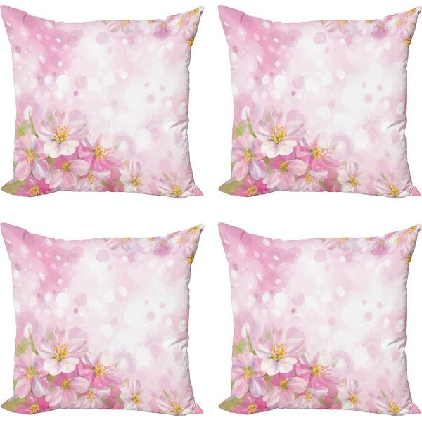 Abakuhaus Set Di Federe Per Cuscini Rose (4 Pezzi), Albero In Fiore Primaverile, Stampa Digitale Moderna Su Entrambi I Lati, 45 Cm X 45 Cm, Rosa Giallo E Verde-image
