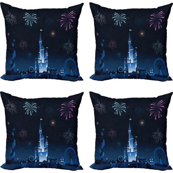 Abakuhaus Set Di Federe Magiche (4 Pezzi), Parco Giochi Per Bambini Fuochi D'artificio Castello, Stampa Digitale Moderna Su Entrambi I Lati, 45 Cm X 45 Cm, Blu Notte Blu Persiano-image