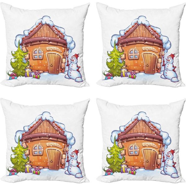 Abakuhaus Set Di Federe Natalizie (4 Pezzi), Casa Caricaturale, Stampa Digitale Moderna Su Entrambi I Lati, 50 Cm X 50 Cm, Caramello Verde Bianco-image