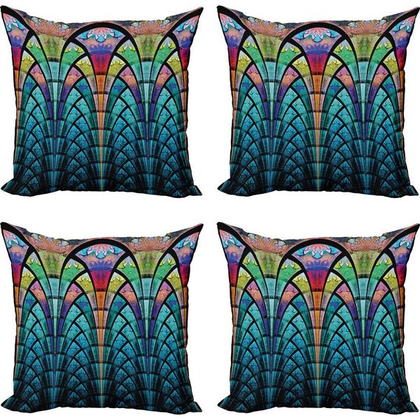 Abakuhaus Set Di Federe Astratte (4 Pezzi), Curve Dai Colori Grungy, Stampa Digitale Moderna Su Entrambi I Lati, 60 Cm X 60 Cm, Multicolore-image