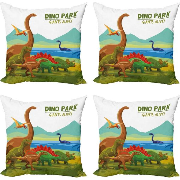 Abakuhaus Set Di Federe Per Cuscini Con Dinosauri (4 Pezzi), Tema Dino Park Vivace, Stampa Digitale Moderna Su Entrambi I Lati, 50 Cm X 50 Cm, Multicolore-image