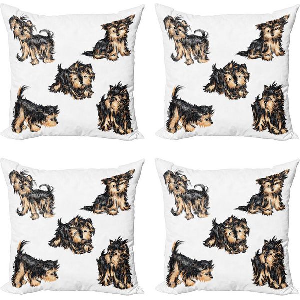Abakuhaus Set Di Federe Yorkie (4 Pezzi), Caricatura Terrier, Stampa Digitale Moderna Su Entrambi I Lati, 40 Cm X 40 Cm, Caffè Chiaro Nero-image