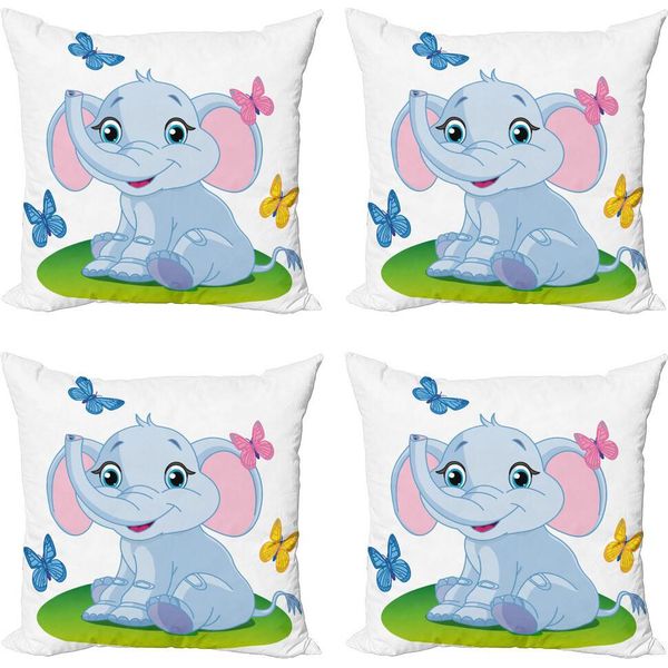 Abakuhaus Set Di Federe Per Cuscini Da Asilo (4 Pezzi), Elefante Sul Prato, Stampa Digitale Moderna Su Entrambi I Lati, 50 Cm X 50 Cm, Azzurro-Rosa-Verde-image
