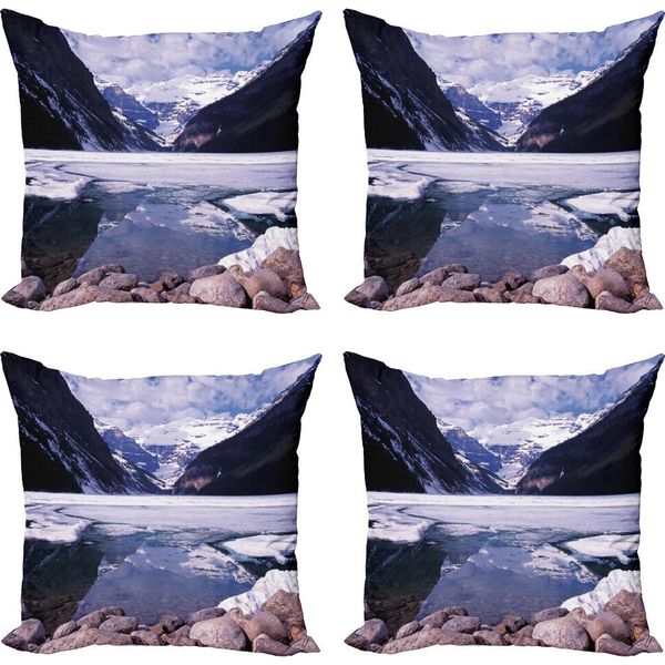 Abakuhaus Set Di Federe Invernali (4 Pezzi), Lake Louise Alberta, Stampa Digitale Moderna Su Entrambi I Lati, 45 Cm X 45 Cm, Viola Scuro Lavanda-image