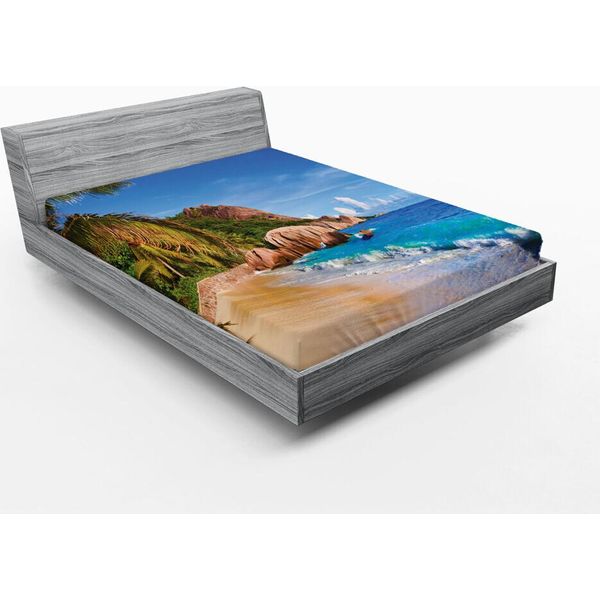 Abakuhaus Lenzuolo Con Angoli, Design Estivo Palme Relax Maldive Costa Tropical Vacanze Oceano, 90 X 190 Cm, Blu Marrone-image