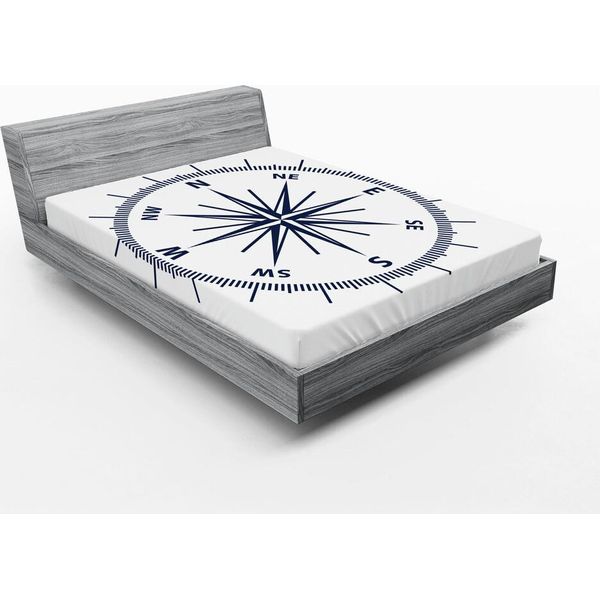 Abakuhaus Lenzuolo Con Angoli Marittimo, Disegno Monocromatico Con Rosa Dei Venti, Bussola, Avventura, Stampa Grafica Semplice, 90 X 200 Cm, Blu Navy E Bianco-image