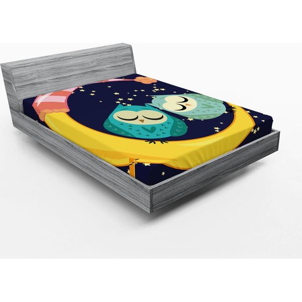 Abakuhaus Lenzuolo Con Angoli Notte Stellata, Amanti Gufi Sulla Luna Dormire Sotto Il Cielo Stellato Ora Di Andare A Letto Infantile, 135 X 190 Cm, Indaco E Multicolore-image