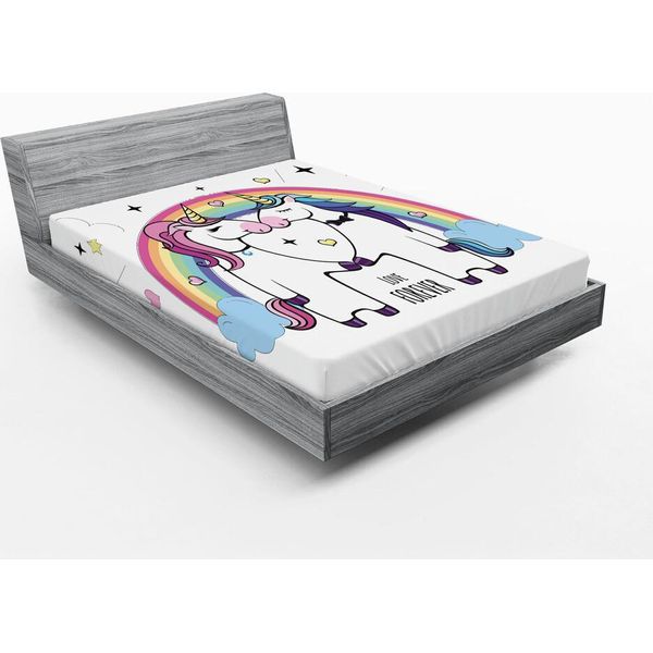 Abakuhaus Lenzuolo Con Angoli Arcobaleno, Per Sempre Tipografia Dolci Unicorni Sfondo Neutro Amore, 90 X 200 Cm, Multicolore-image