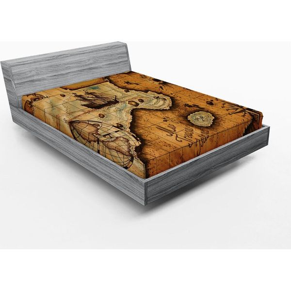 Abakuhaus Lenzuolo Con Angoli Mappa Del Mondo, Mappa Dei Pirati Dell'isola Del Tesoro Navigazione Nautica Geografia, 90 X 200 Cm, Pale Caramel E Sand Braun-image