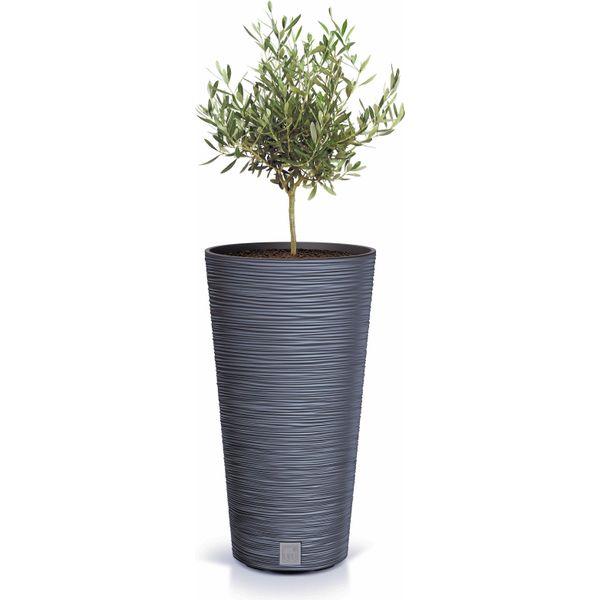 Vaso Da Giardino Conico In Plastica Antracite - 58 X 30 Cm - Vaso Con Inserto Dal Design Scanalato - Fioriera A Colonna Resistente Alle Intemperie Per Esterni Balcone Terrazzo-image