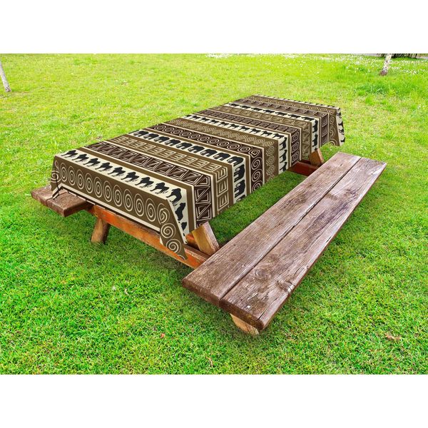 Abakuhaus Tovaglia Safari Outdoor, Motivo Geometrico In Stile Africano Con Animali Selvatici In Linea Con L'arte, Nero E Marrone, 145X210 Cm-image