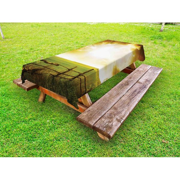 Abakuhaus Tovaglia Da Tavolo Outdoor, Tramonto Sul Campo In Estate Siepi Primavera Prati Vista Mattutina Stampa, Verde Giallo, 145X265 Cm-image